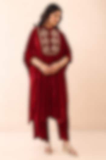 Scarlet Red Velvet Dori Work Co-Ord Set by Priyanka Jain at Pernia's Pop Up Shop
