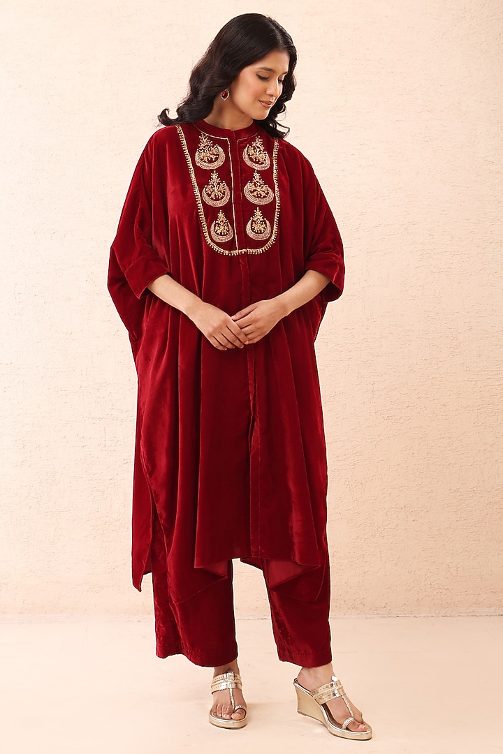 Scarlet Red Velvet Dori Work Co-Ord Set by Priyanka Jain at Pernia's Pop Up Shop