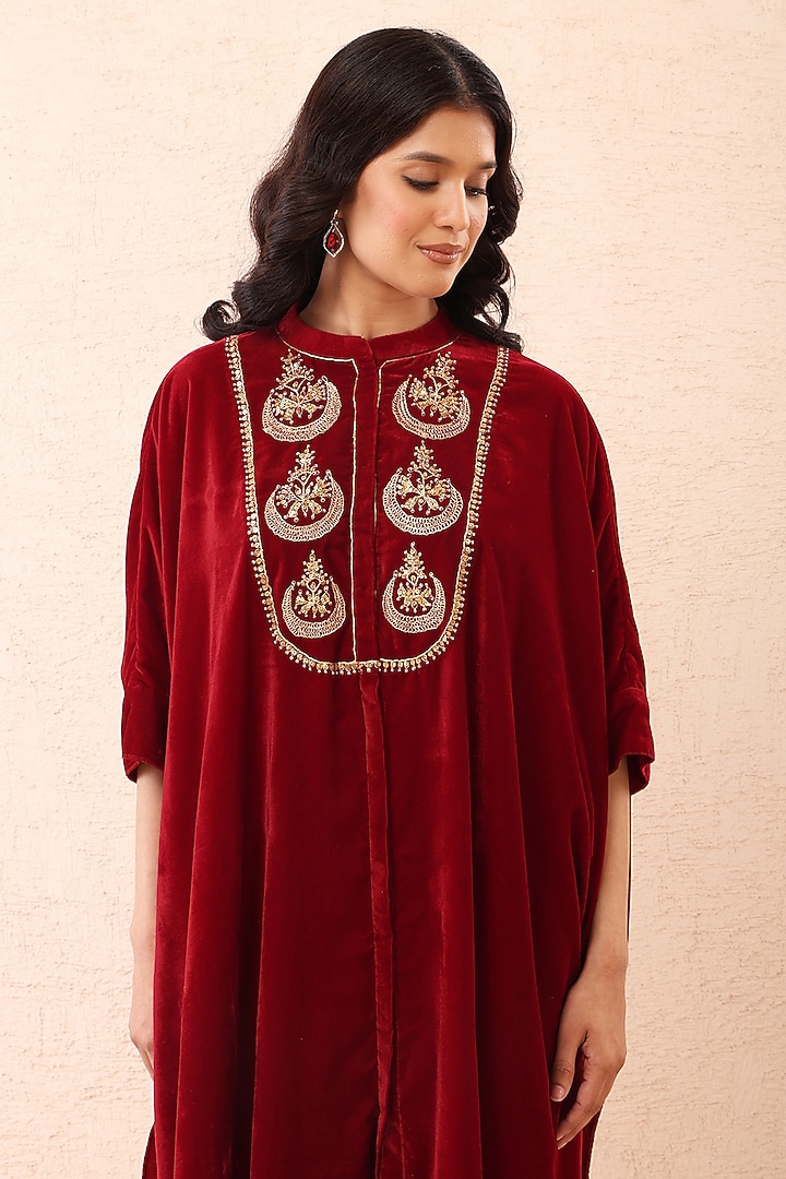 Scarlet Red Velvet Dori Work Co-Ord Set by Priyanka Jain at Pernia's Pop Up Shop