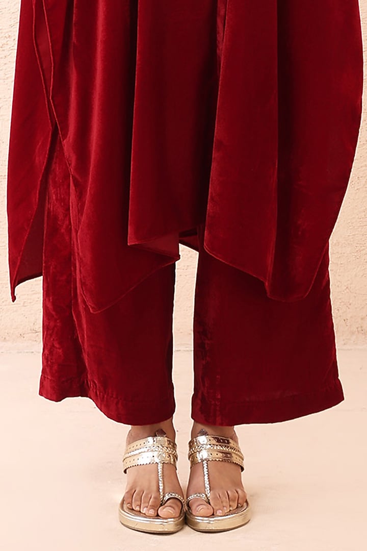 Scarlet Red Velvet Dori Work Co-Ord Set by Priyanka Jain at Pernia's Pop Up Shop