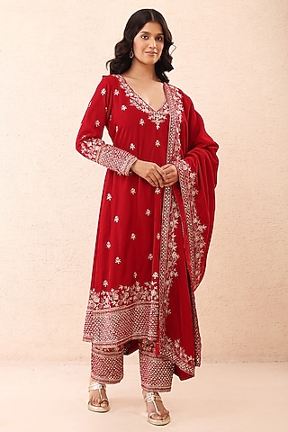 Crimson Red Velvet Zari Embroidered Kurta Set by Priyanka Jain