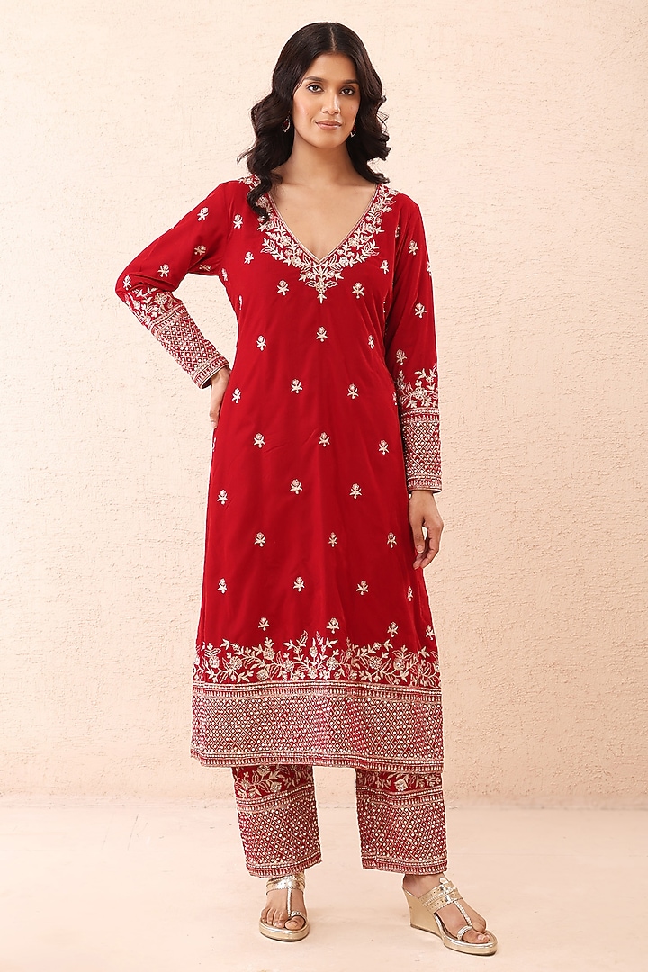Crimson Red Velvet Zari Embroidered Kurta Set by Priyanka Jain at Pernia's Pop Up Shop