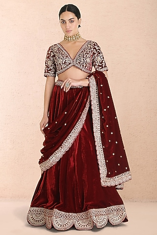 Burgundy Green Velvet Zari Embroidered Lehenga Set by Priyanka Jain