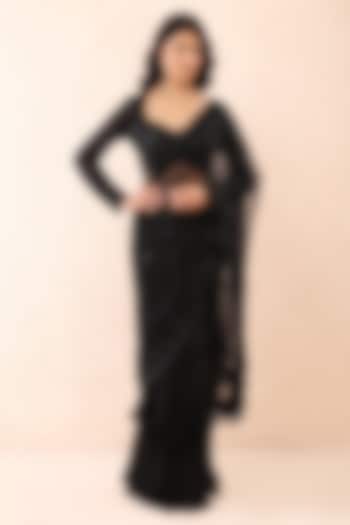 Black Georgette Sequins Embroidered Draped Reception Saree Set by Priyanka Jain at Pernia's Pop Up Shop