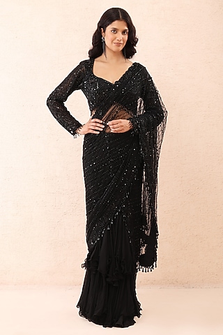 Black Georgette Sequins Embroidered Draped Saree Set by Priyanka Jain