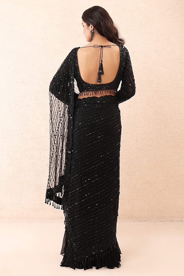 Black Georgette Sequins Embroidered Draped Reception Saree Set by Priyanka Jain at Pernia's Pop Up Shop