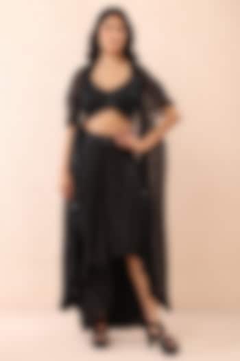 Black Satin Sequins Hand Embroidered Draped Dhoti Set by Priyanka Jain at Pernia's Pop Up Shop