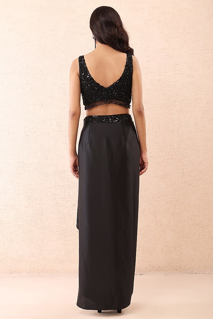 Black Satin Sequins Hand Embroidered Draped Dhoti Set by Priyanka Jain at Pernia's Pop Up Shop