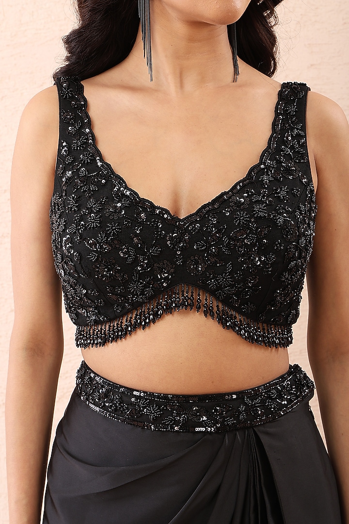 Black Satin Sequins Hand Embroidered Draped Dhoti Set by Priyanka Jain at Pernia's Pop Up Shop