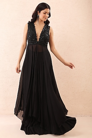 Black Sheer Organza Sequins Embroidered Anarkali Set by Priyanka Jain