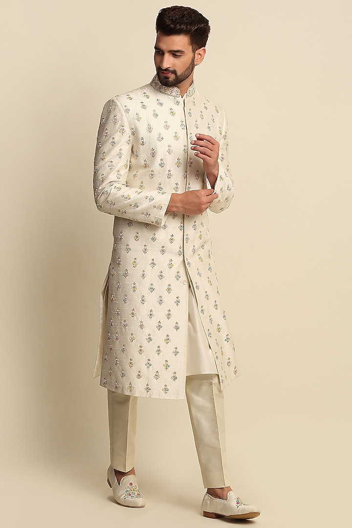 Ivory Raw Silk & Habutai Silk Embroidered Sherwani Set by Priyanka Jain Men