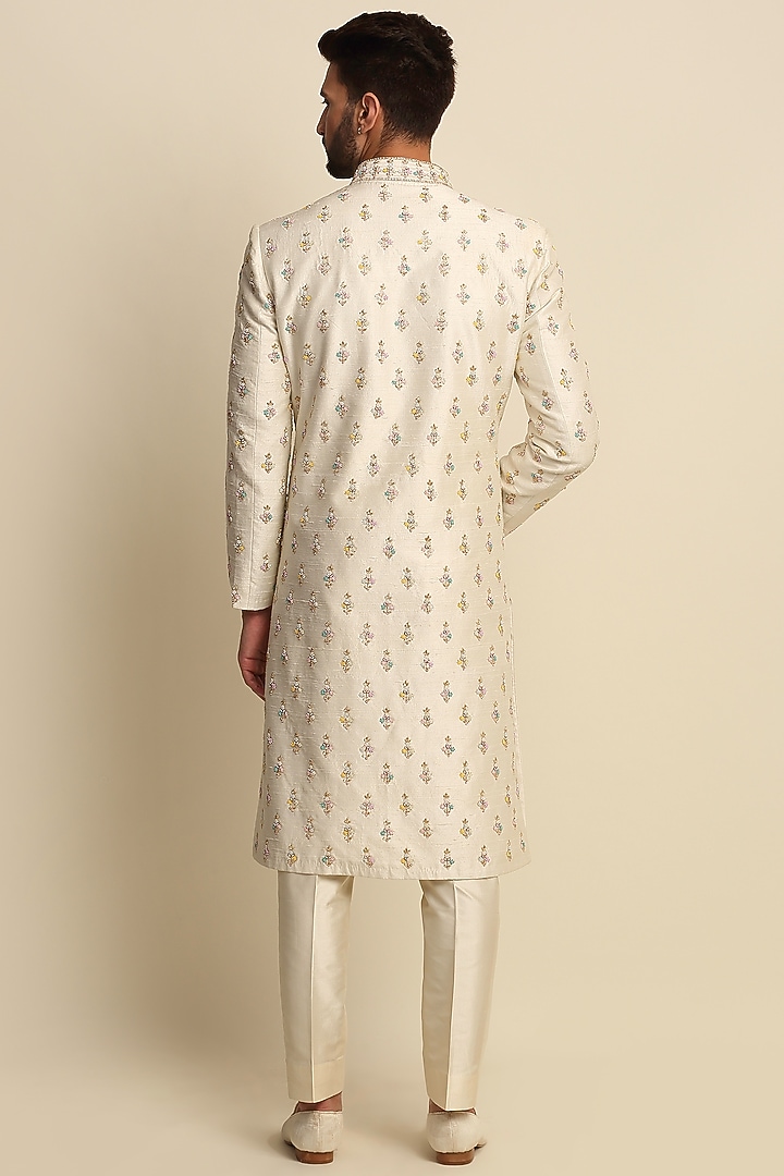 Ivory Raw Silk & Habutai Silk Embroidered Wedding Sherwani Set by Priyanka Jain Men at Pernia's Pop Up Shop