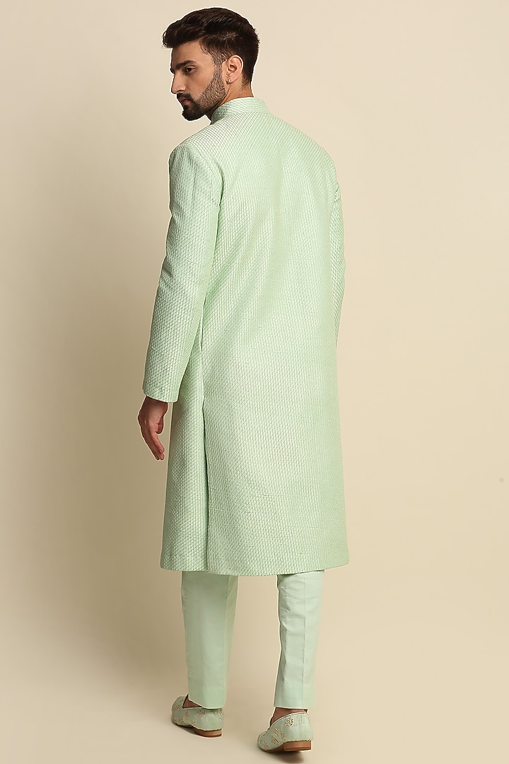 Green Raw Silk & Cotton Anchor Embroidered Wedding Sherwani Set by Priyanka Jain Men at Pernia's Pop Up Shop