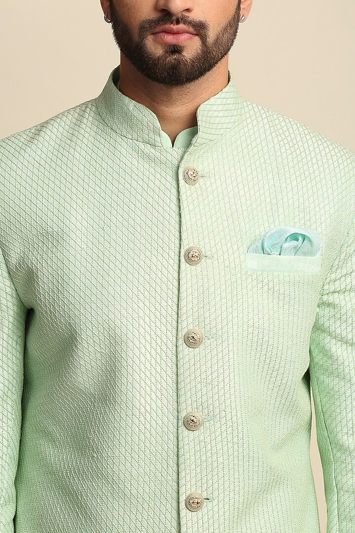 Green Raw Silk & Cotton Anchor Embroidered Wedding Sherwani Set by Priyanka Jain Men at Pernia's Pop Up Shop