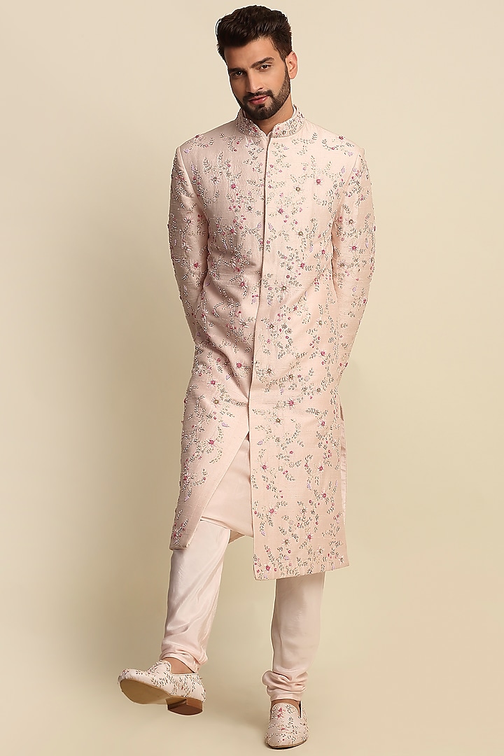 Pink Raw Silk & Habutai Silk Crepe Embroidered Sherwani Set by Priyanka Jain Men