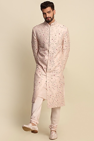 Pink Raw Silk & Habutai Silk Crepe Embroidered Sherwani Set by Priyanka Jain Men