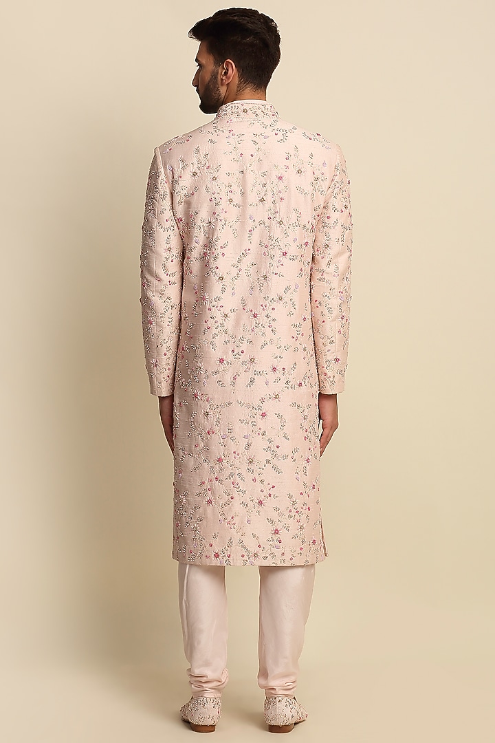Pink Raw Silk & Habutai Silk Crepe Embroidered Wedding Sherwani Set by Priyanka Jain Men at Pernia's Pop Up Shop