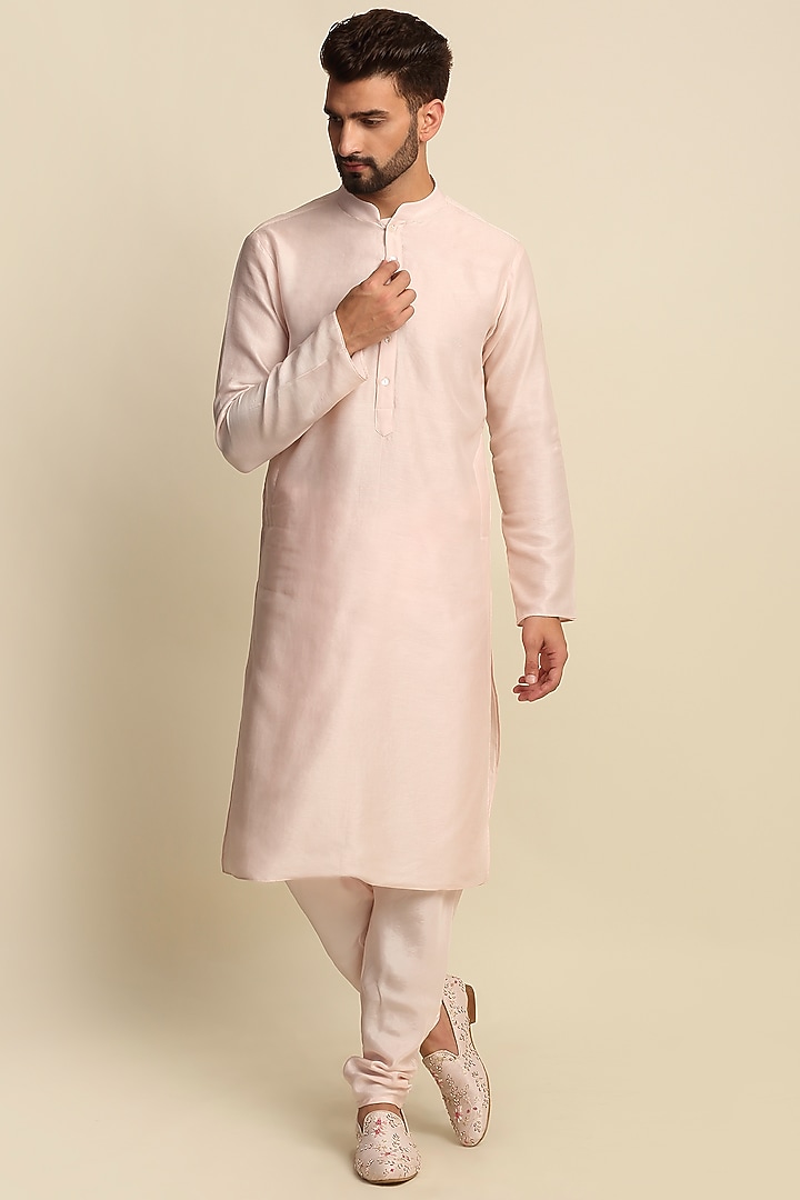 Pink Raw Silk & Habutai Silk Crepe Embroidered Wedding Sherwani Set by Priyanka Jain Men at Pernia's Pop Up Shop