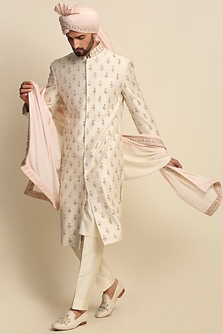 Ivory Raw Silk & Crepe Embroidered Sherwani Set by Priyanka Jain Men