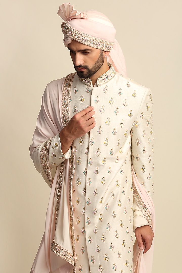 Ivory Raw Silk & Crepe Embroidered Groom Sherwani Set by Priyanka Jain Men at Pernia's Pop Up Shop