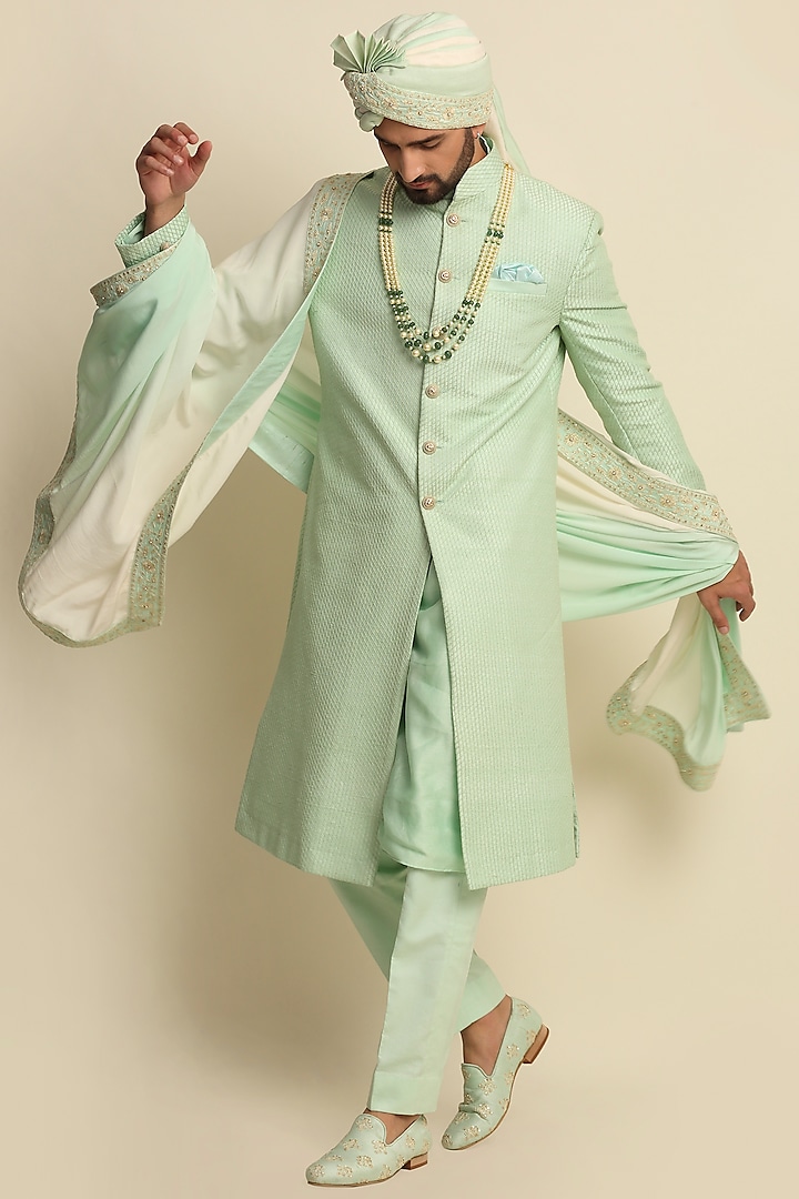 Green Raw Silk & Crepe Embroidered Groom Sherwani Set  by Priyanka Jain Men at Pernia's Pop Up Shop