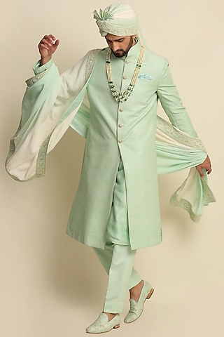 Green Raw Silk & Crepe Embroidered Sherwani Set  by Priyanka Jain Men