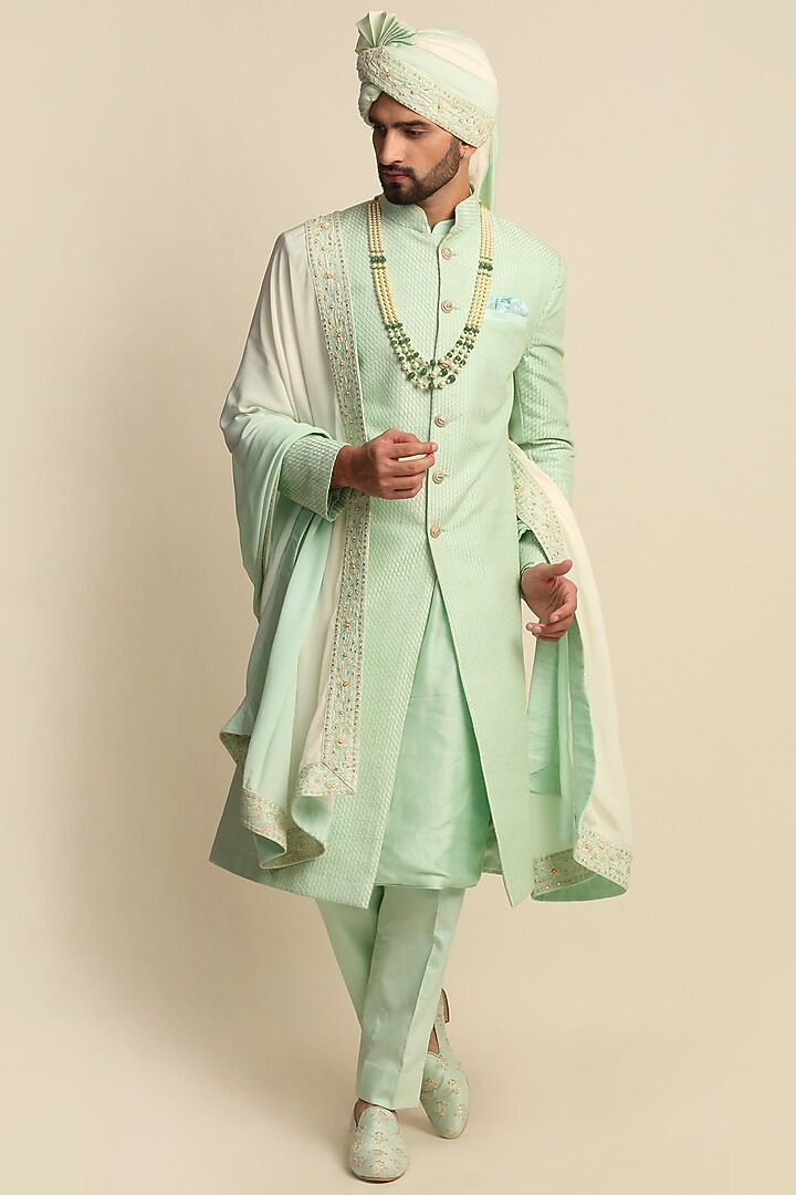 Green Raw Silk & Crepe Embroidered Groom Sherwani Set by Priyanka Jain Men at Pernia's Pop Up Shop