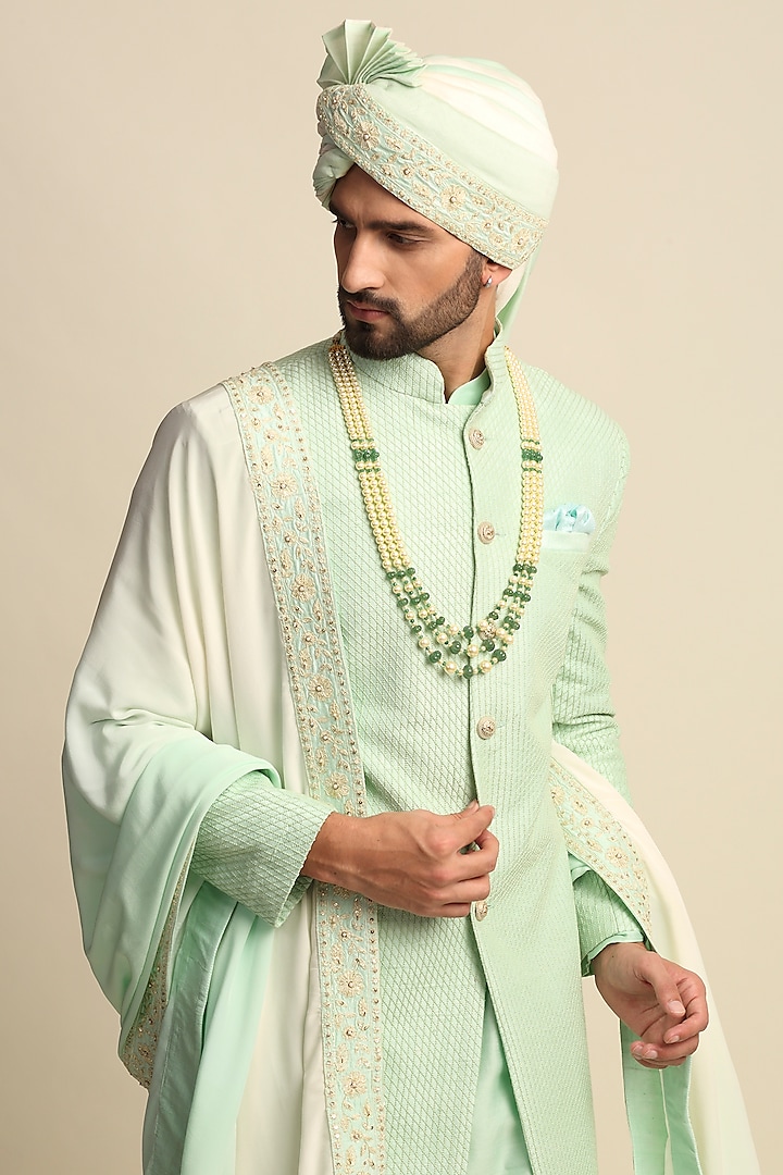 Green Raw Silk & Crepe Embroidered Groom Sherwani Set by Priyanka Jain Men at Pernia's Pop Up Shop