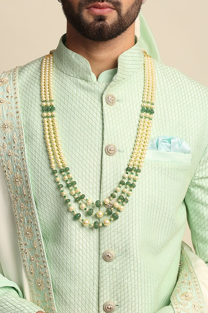Green Raw Silk & Crepe Embroidered Groom Sherwani Set by Priyanka Jain Men at Pernia's Pop Up Shop