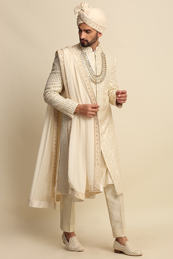 Off-White Raw Silk & Crepe Embroidered Sherwani Set by Priyanka Jain Men