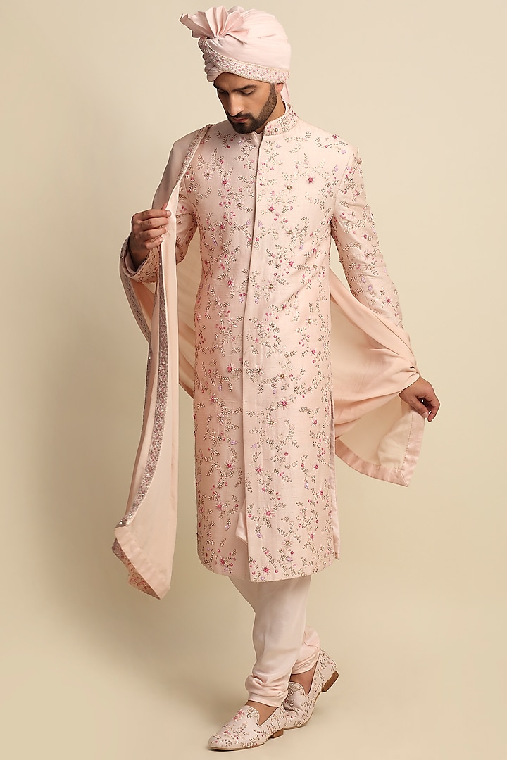 Pink Raw Silk & Crepe Embroidered Sherwani Set by Priyanka Jain Men