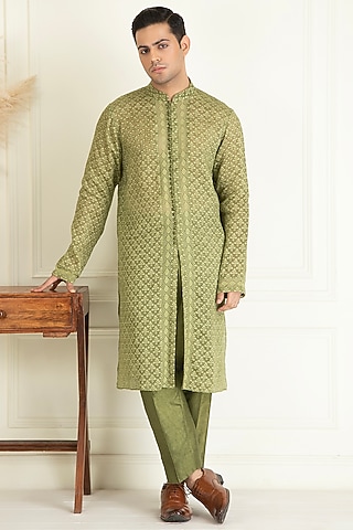 Olive Green Cotton Kurta Set by Priyanka Jain Men