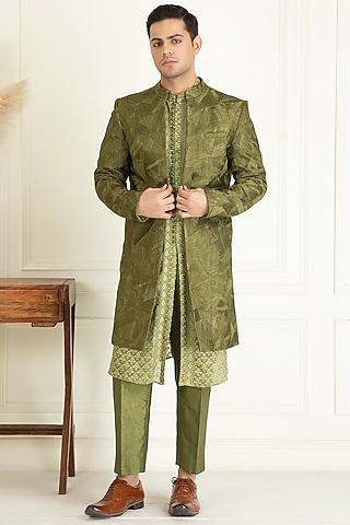 Dark Olive Green Silk Embroidered Open Indowestern Set by Priyanka Jain Men