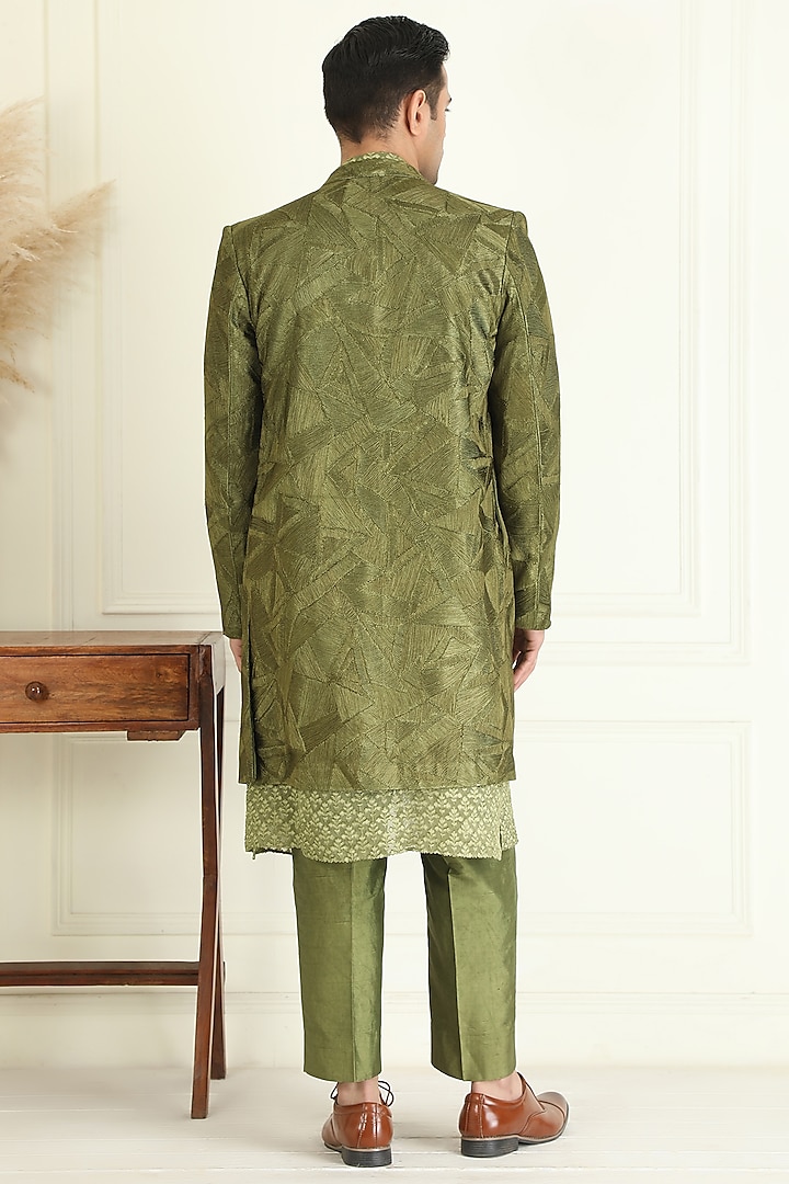Dark Olive Green Silk Embroidered Open Wedding Indowestern Set by Priyanka Jain Men at Pernia's Pop Up Shop