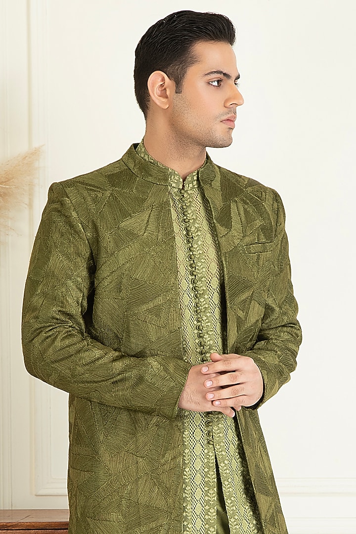 Dark Olive Green Silk Embroidered Open Wedding Indowestern Set by Priyanka Jain Men at Pernia's Pop Up Shop