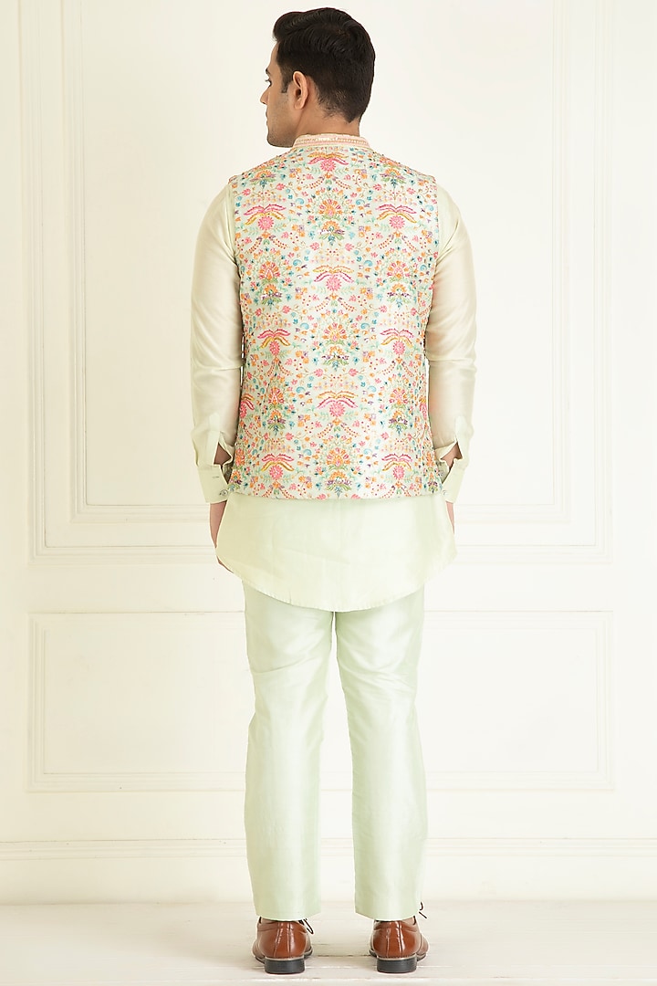 Mint Green Dupion Printed & Sequins Embroidered Bundi Jacket Set by Priyanka Jain Men at Pernia's Pop Up Shop