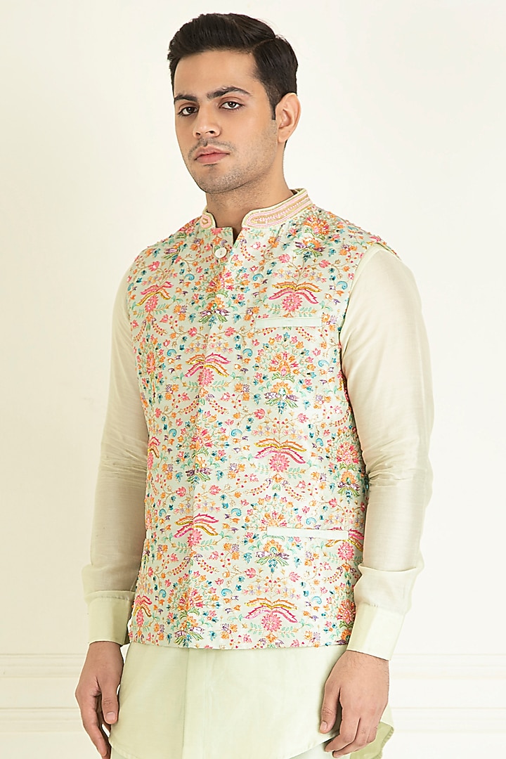 Mint Green Dupion Printed & Sequins Embroidered Bundi Jacket Set by Priyanka Jain Men at Pernia's Pop Up Shop