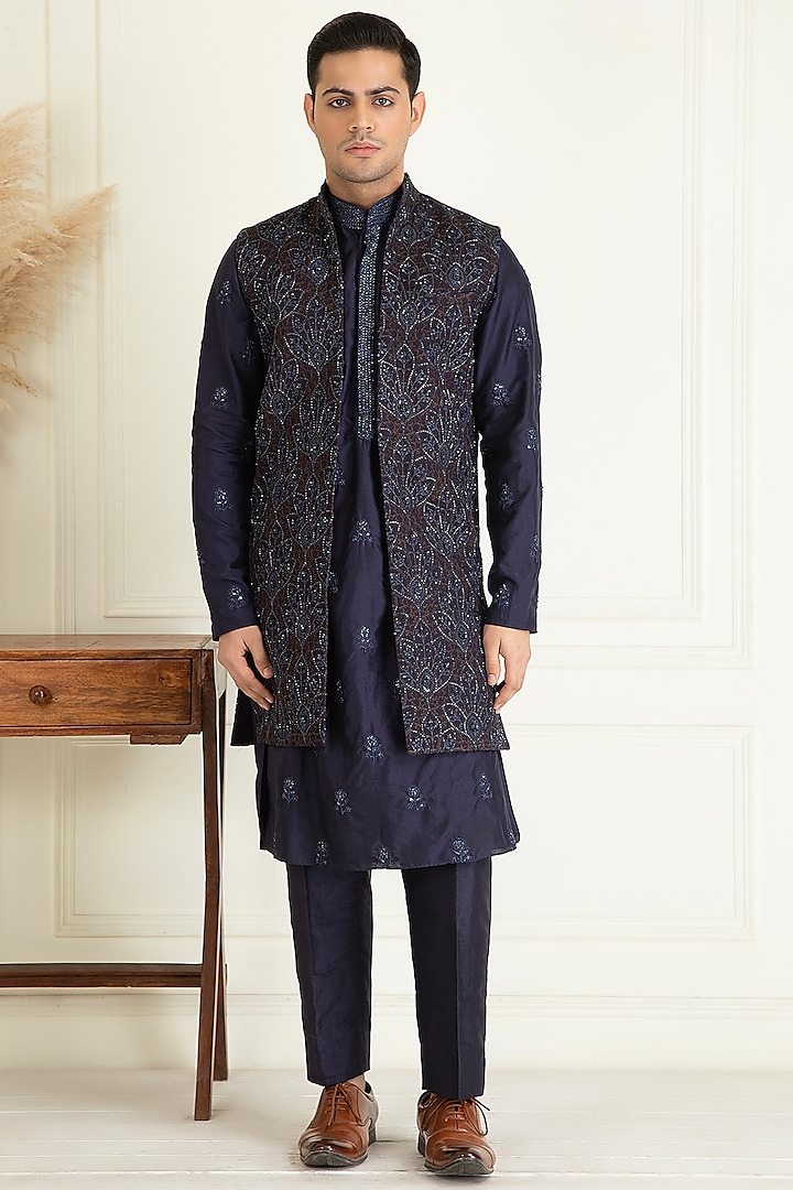 Midnight Blue Cotton Silk Embroidered Kurta Set With Indowestern Jacket by Priyanka Jain Men