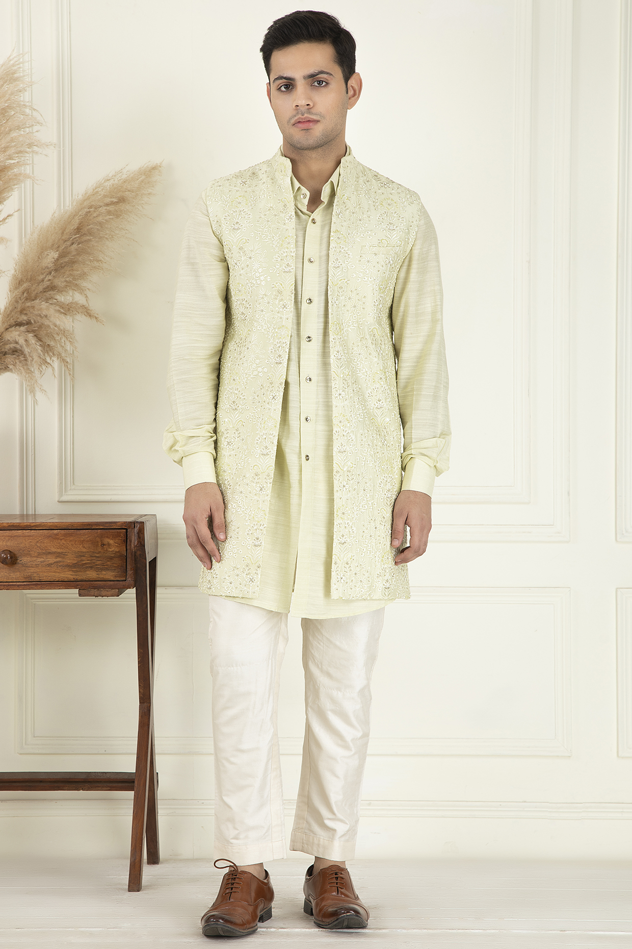Lime Yellow Cotton Embroidered Indo-Western Jacket Set by Priyanka Jain Men