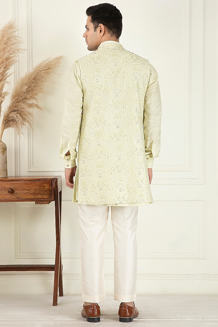 Lime Yellow Cotton Embroidered Indo-Western Jacket Set by Priyanka Jain Men at Pernia's Pop Up Shop