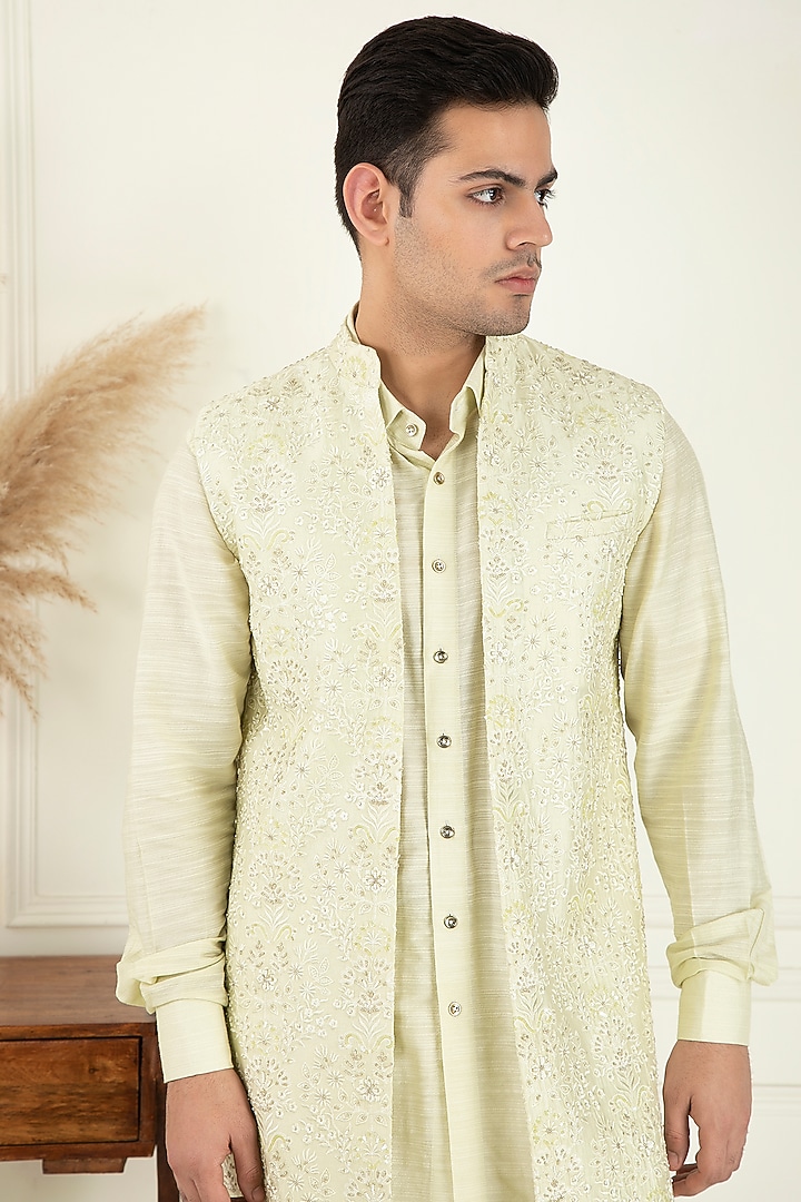 Lime Yellow Cotton Embroidered Indo-Western Jacket Set by Priyanka Jain Men at Pernia's Pop Up Shop