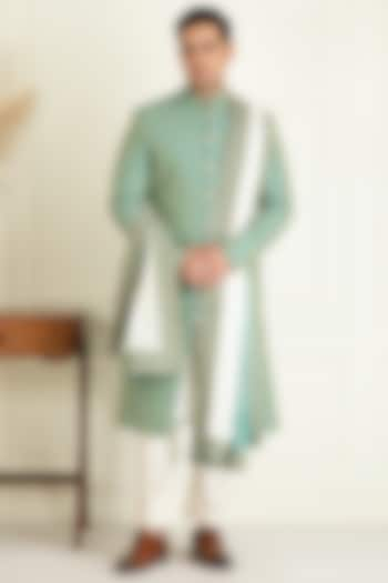 Turquoise Green Silk Sequins Embroidered Wedding Sherwani Set by Priyanka Jain Men at Pernia's Pop Up Shop