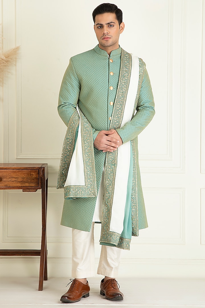 Turquoise Green Silk Sequins Embroidered Wedding Sherwani Set by Priyanka Jain Men at Pernia's Pop Up Shop