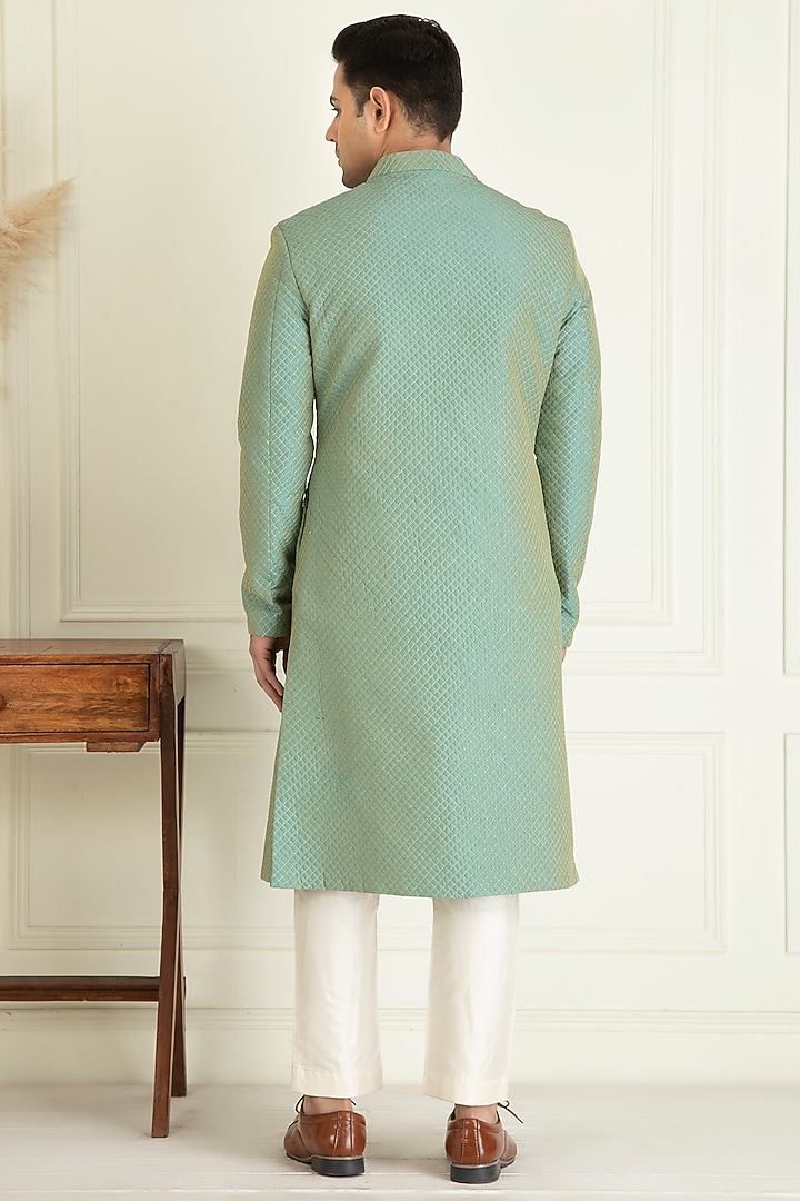 Turquoise Green Silk Sequins Embroidered Wedding Sherwani Set by Priyanka Jain Men at Pernia's Pop Up Shop