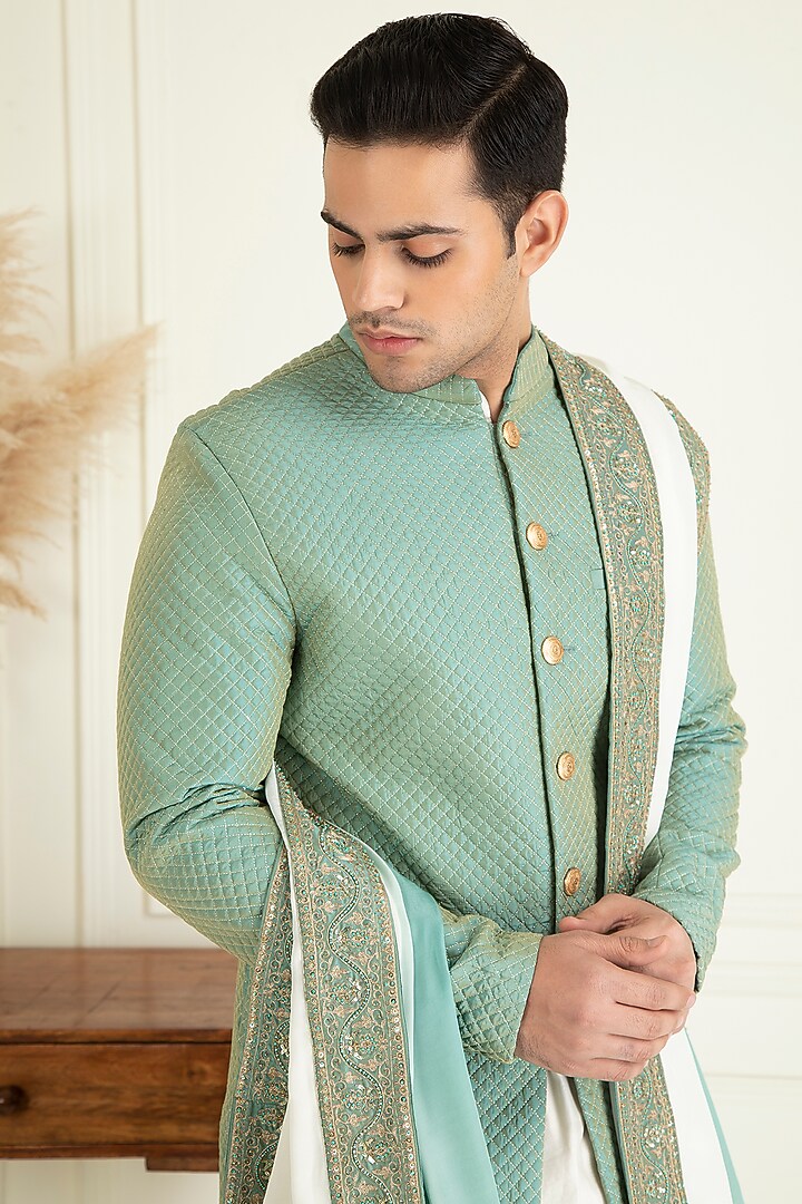Turquoise Green Silk Sequins Embroidered Wedding Sherwani Set by Priyanka Jain Men at Pernia's Pop Up Shop
