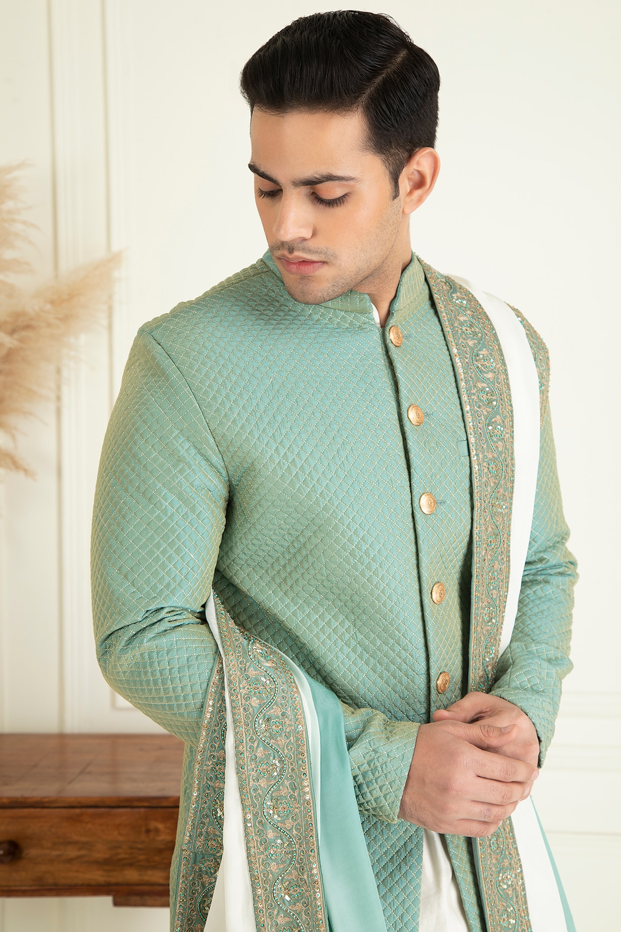 Buy Priyanka Jain Men Turquoise Green Silk Embroidered Sherwani Set at ...