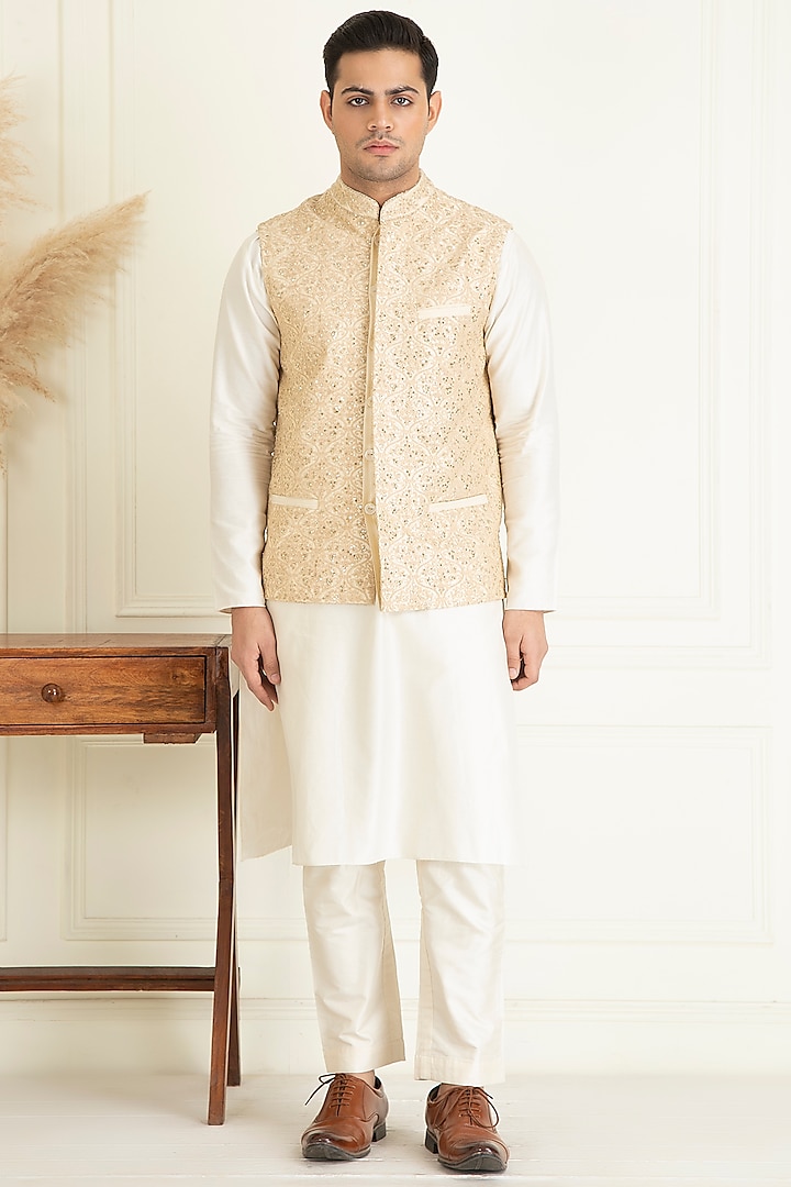 Beige Cotton Embroidered Bundi Jacket With Kurta Set by Priyanka Jain Men