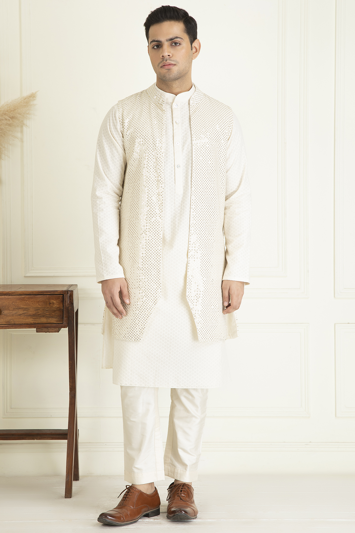 Ivory Cotton Embroidered Indo-Western Jacket With Kurta Set by Priyanka Jain Men