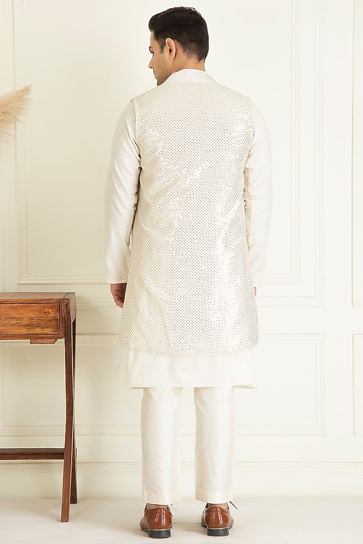 Ivory Cotton Embroidered Indo-Western Jacket With Kurta Set by Priyanka Jain Men at Pernia's Pop Up Shop