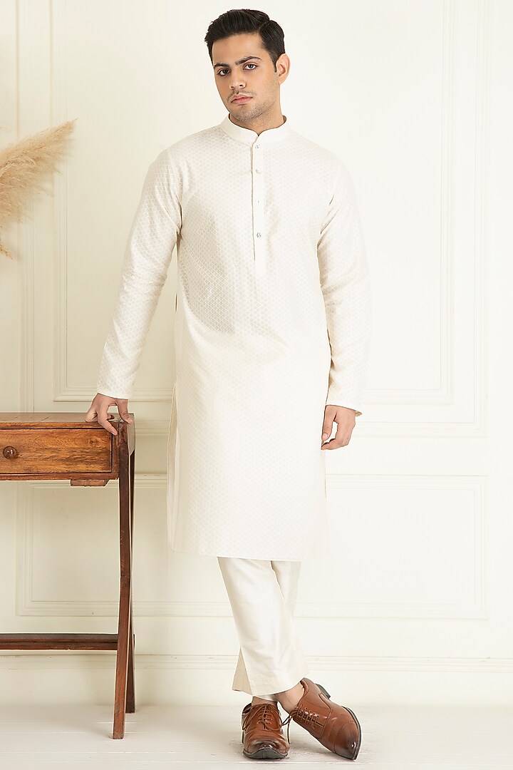 Ivory Cotton Embroidered Indo-Western Jacket With Kurta Set by Priyanka Jain Men at Pernia's Pop Up Shop